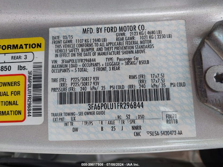 2015 Ford Fusion Hybrid Se VIN: 3FA6P0LU1FR296844 Lot: 39817508