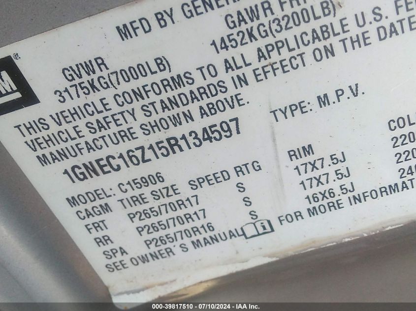 2005 Chevrolet Suburban 1500 Lt VIN: 1GNEC16Z15R134597 Lot: 39817510