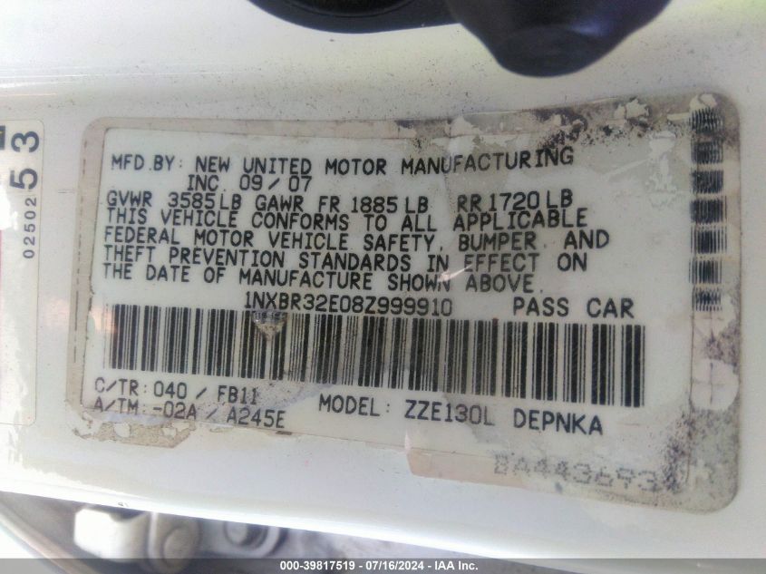 2008 Toyota Corolla Le VIN: 1NXBR32E08Z999910 Lot: 39817519