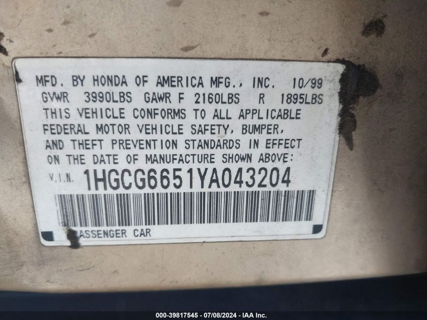 2000 Honda Accord 2.3 Lx VIN: 1HGCG6651YA043204 Lot: 39817545