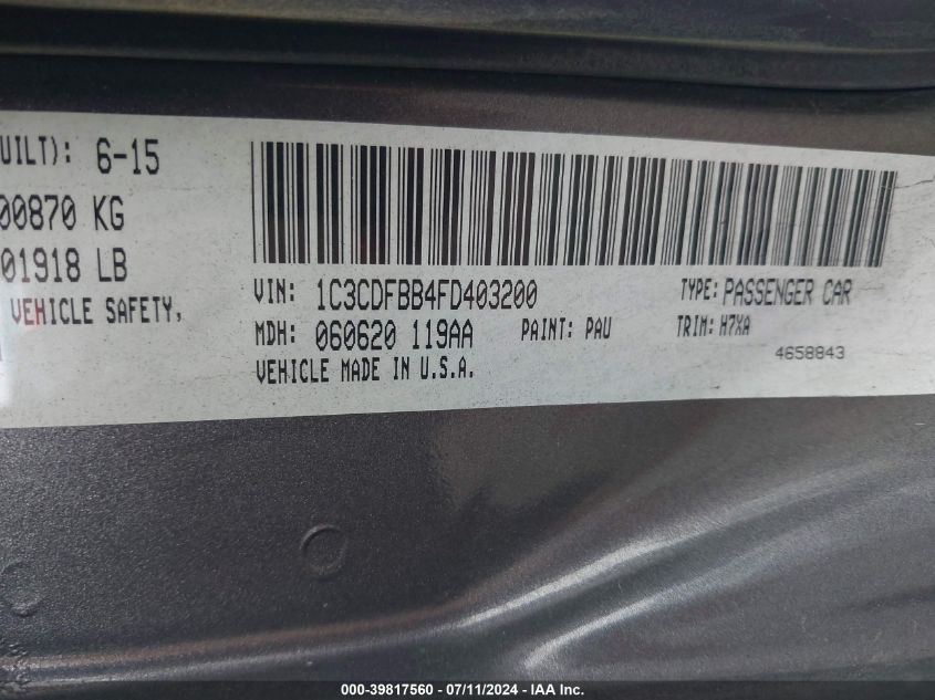 2015 Dodge Dart Sxt VIN: 1C3CDFBB4FD403200 Lot: 39817560