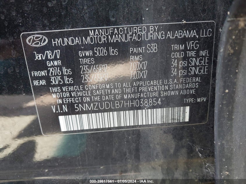 2017 Hyundai Santa Fe Sport 2.4L VIN: 5NMZUDLB7HH038854 Lot: 39817561