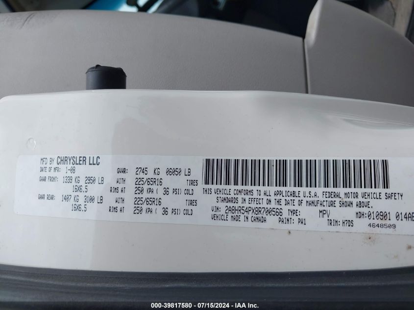 2008 Chrysler Town & Country Touring VIN: 2A8HR54PX8R700566 Lot: 39817580