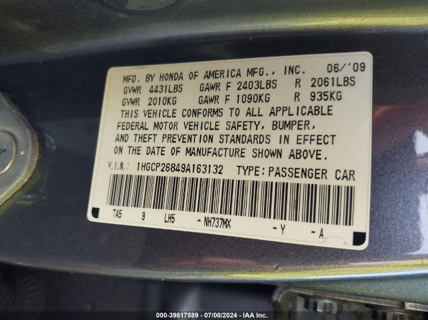 2009 Honda Accord 2.4 Ex-L VIN: 1HGCP26849A163132 Lot: 39817589