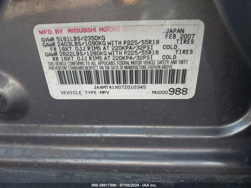 2007 Mitsubishi Outlander Xls VIN: JA4MT41X07Z010345 Lot: 39817590