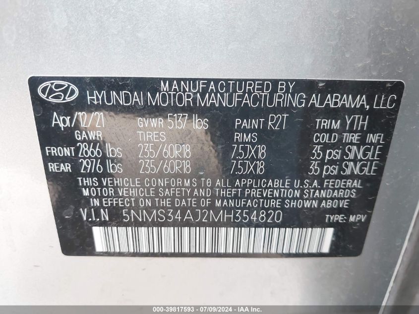 2021 Hyundai Santa Fe Sel VIN: 5NMS34AJ2MH354820 Lot: 39817593