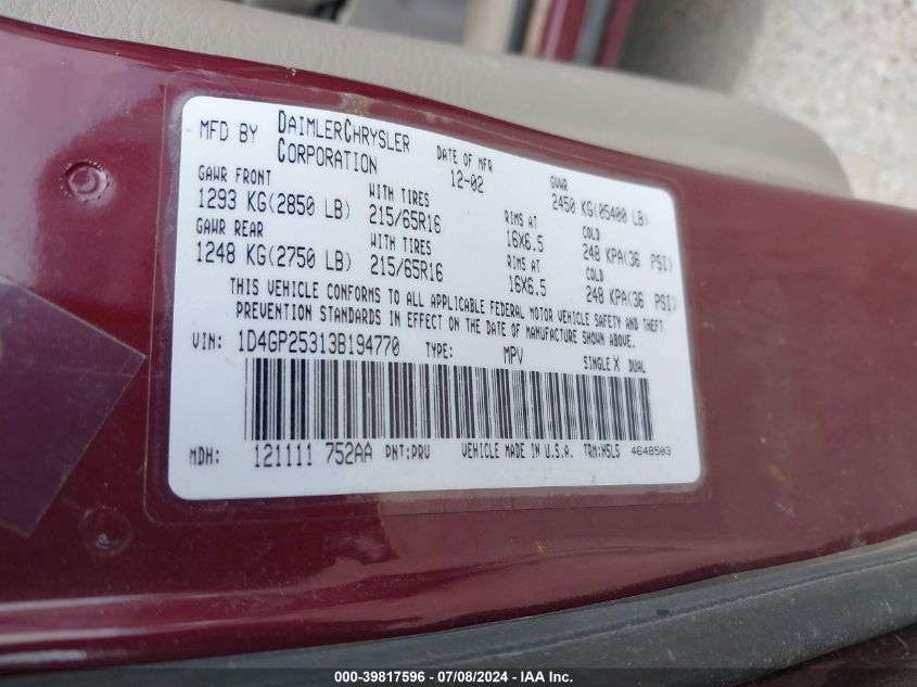 2003 Dodge Caravan Se VIN: 1D4GP25313B194770 Lot: 39817596