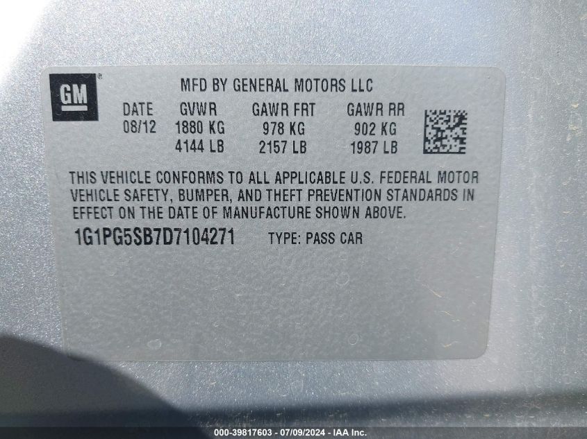 2013 Chevrolet Cruze Ltz VIN: 1G1PG5SB7D7104271 Lot: 39817603