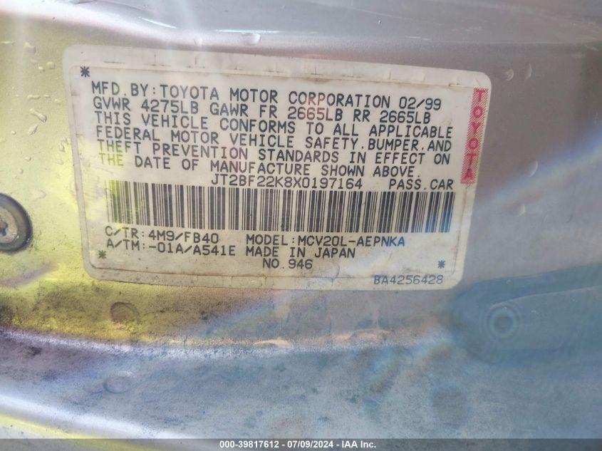 1999 Toyota Camry Le/Xle VIN: JT2BF22K8X0197164 Lot: 39817612