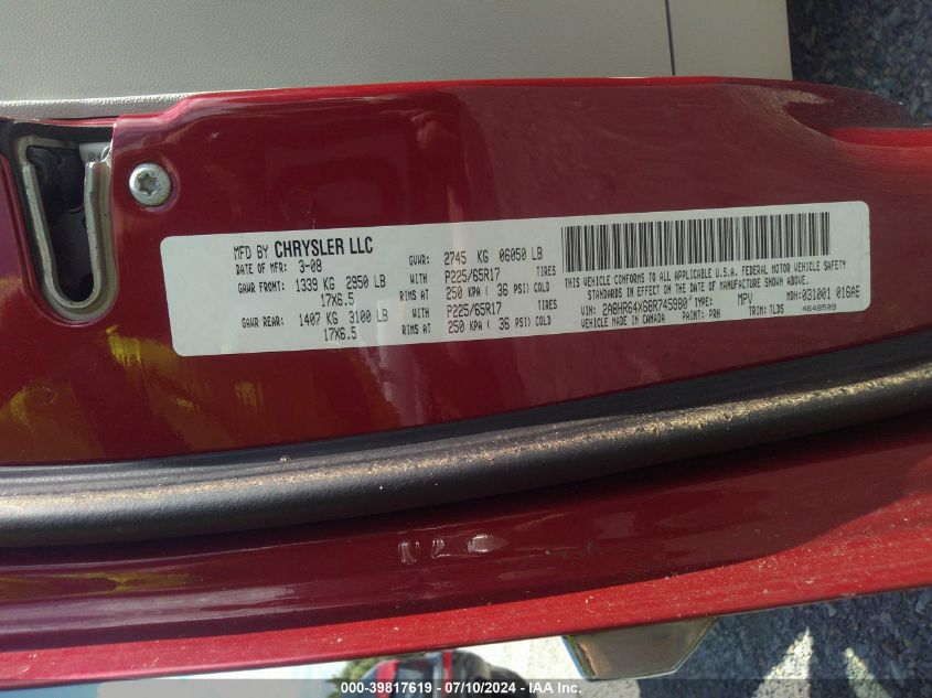 2008 Chrysler Town & Country Limited VIN: 2A8HR64X68R745980 Lot: 39817619