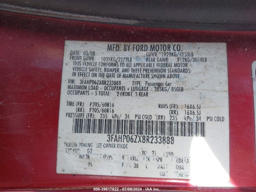 2008 Ford Fusion S VIN: 3FAHP06ZX8R233888 Lot: 39817622