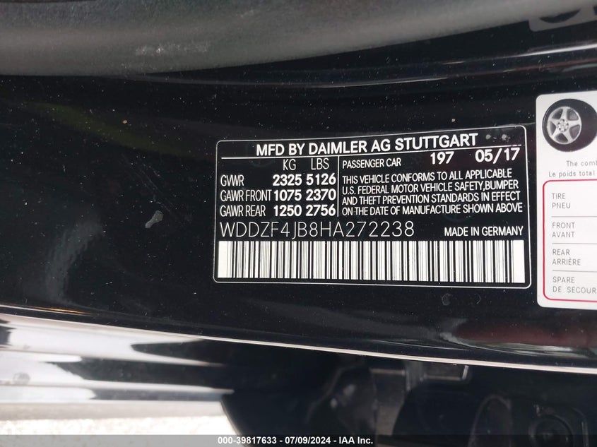 VIN WDDZF4JB8HA272238 2017 MERCEDES-BENZ E 300 300