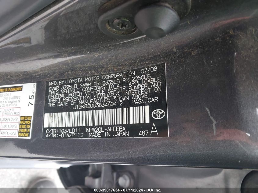 2008 Toyota Prius VIN: JTDKB20U383460412 Lot: 39817634