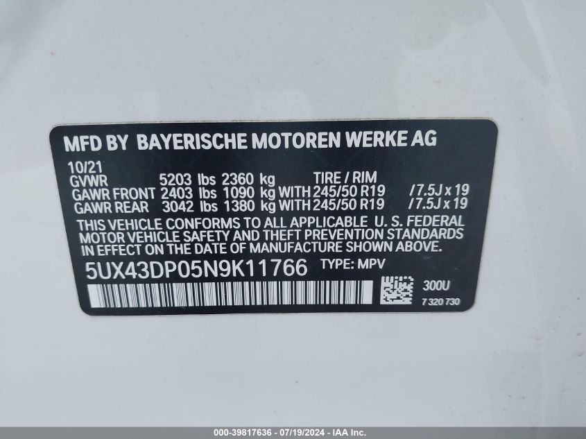 2022 BMW X3 Sdrive30I VIN: 5UX43DP05N9K11766 Lot: 39817636