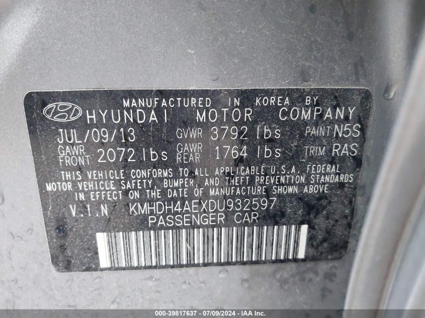 2013 Hyundai Elantra Gls (Ulsan Plant) VIN: KMHDH4AEXDU932597 Lot: 39817637