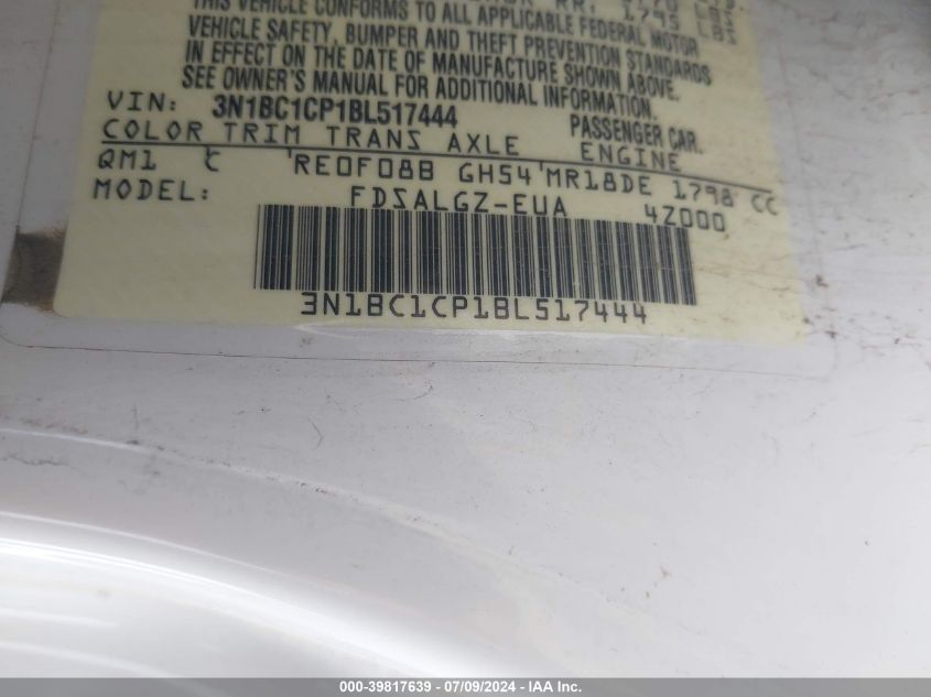 2011 Nissan Versa S/Sl VIN: 3N1BC1CP1BL517444 Lot: 39817639