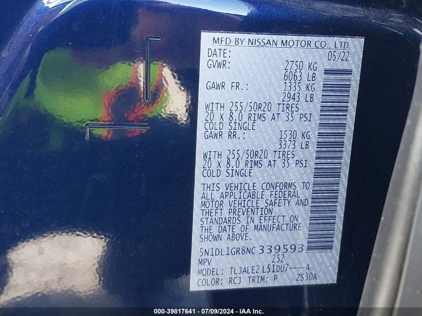 2022 Infiniti Qx60 Sensory VIN: 5N1DL1GR8NC339593 Lot: 39817641