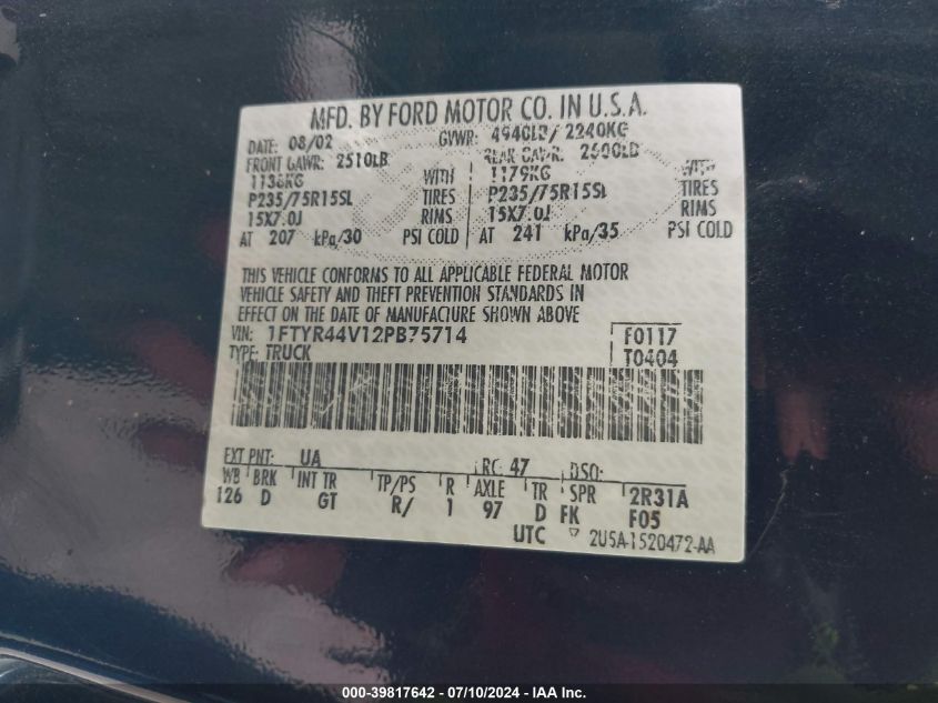 2002 Ford Ranger Edge/Tremor/Xlt VIN: 1FTYR44V12PB75714 Lot: 39817642