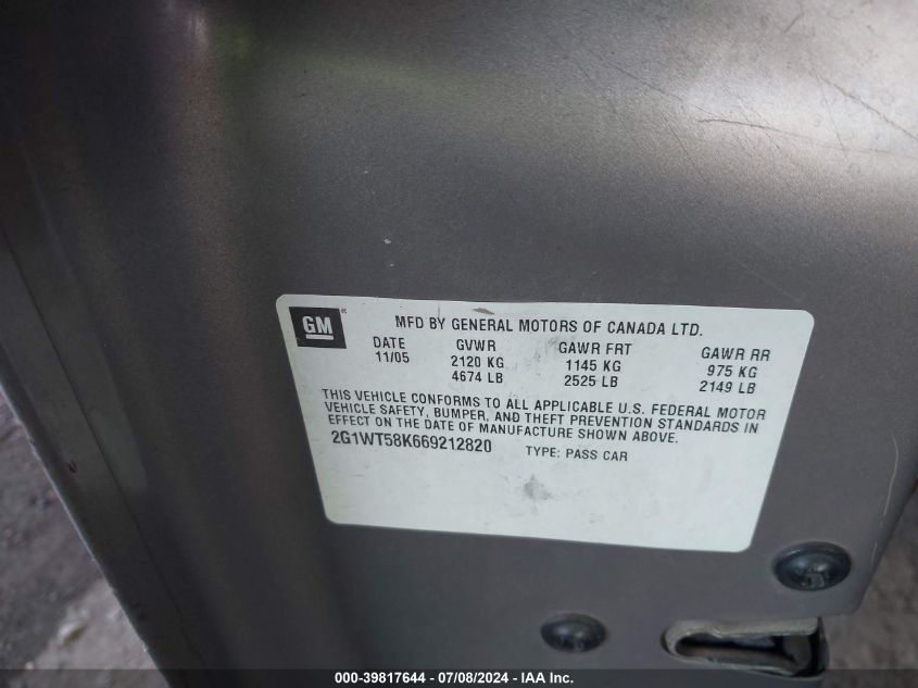 2006 Chevrolet Impala Lt VIN: 2G1WT58K669212820 Lot: 39817644