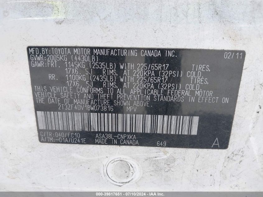 2011 Toyota Rav4 VIN: 2T3ZF4DV1BW073816 Lot: 39817651