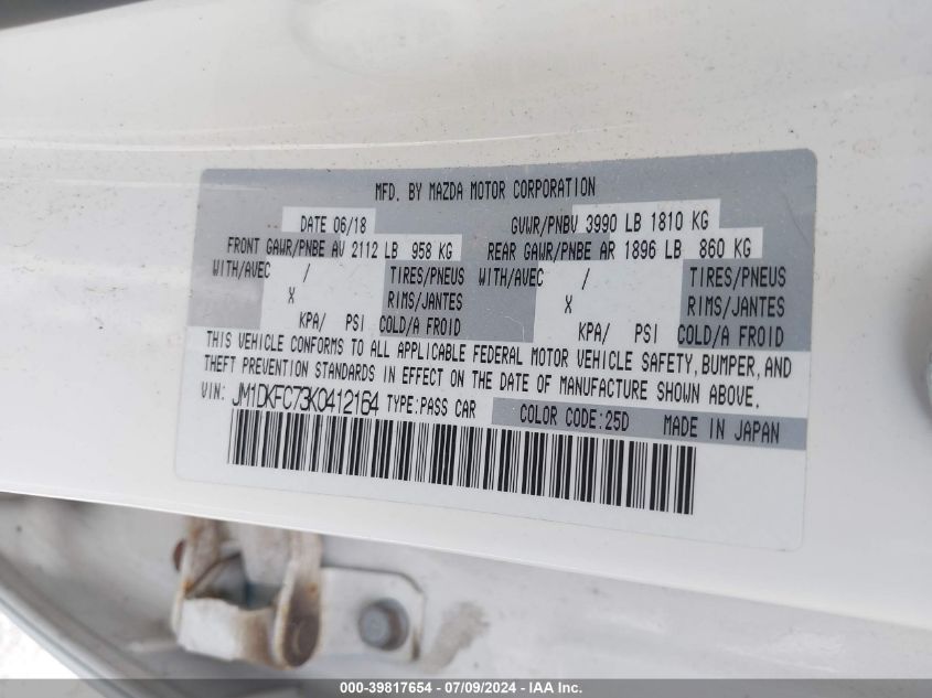 2019 Mazda Cx-3 Touring VIN: JM1DKFC73K0412164 Lot: 39817654