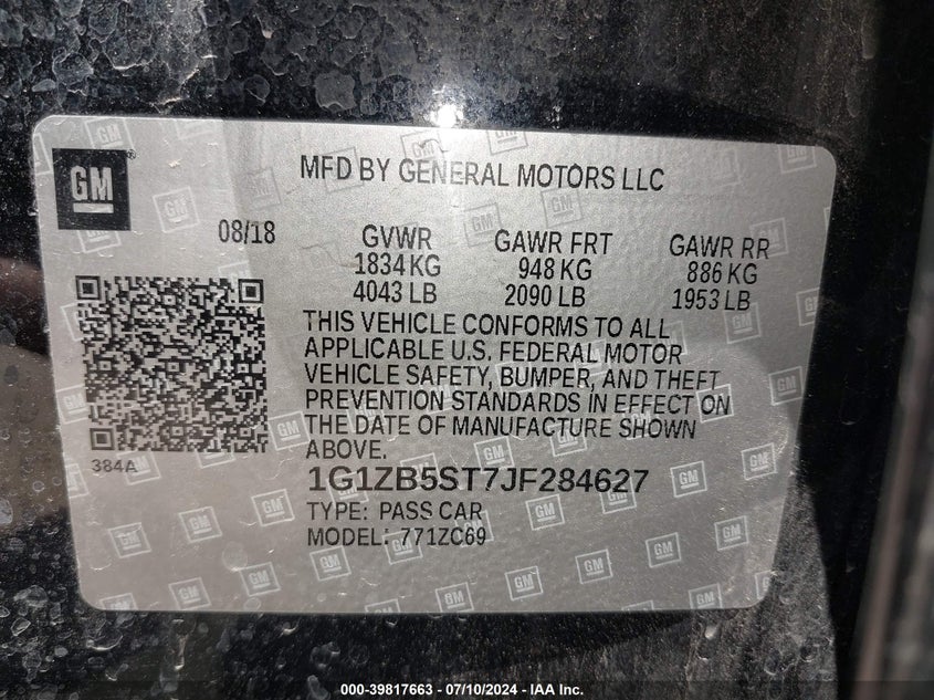 2018 Chevrolet Malibu Ls VIN: 1G1ZB5ST7JF284627 Lot: 39817663