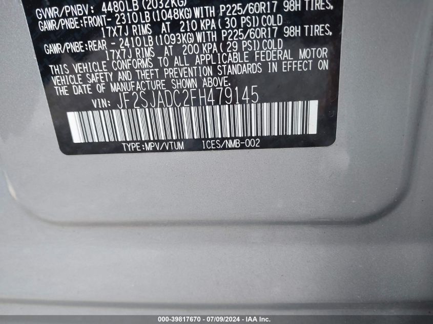 2015 Subaru Forester 2.5I Premium VIN: JF2SJADC2FH479145 Lot: 39817670