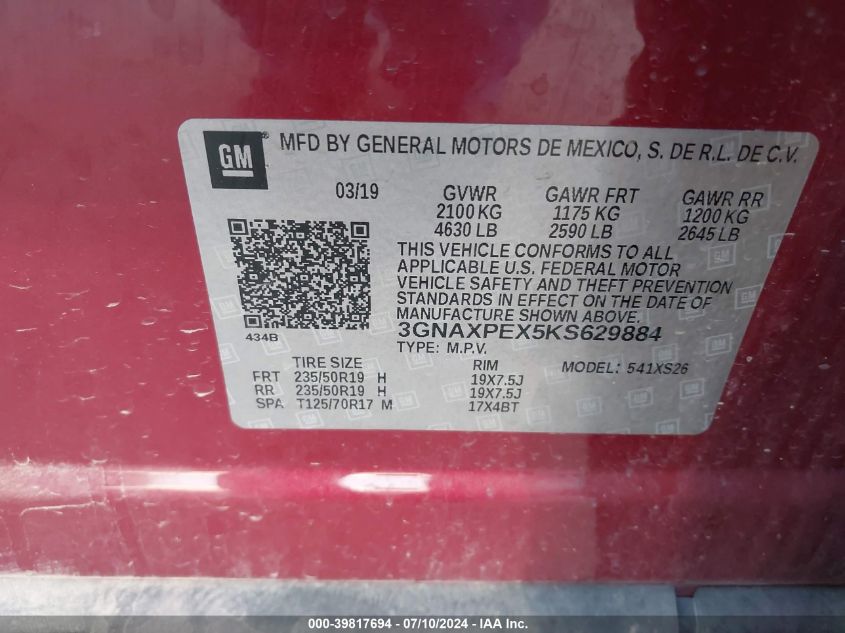 2019 Chevrolet Equinox Premier VIN: 3GNAXPEX5KS629884 Lot: 39817694