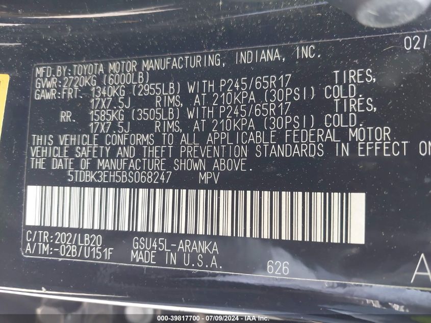 2011 Toyota Highlander Se V6 VIN: 5TDBK3EH5BS068247 Lot: 39817700