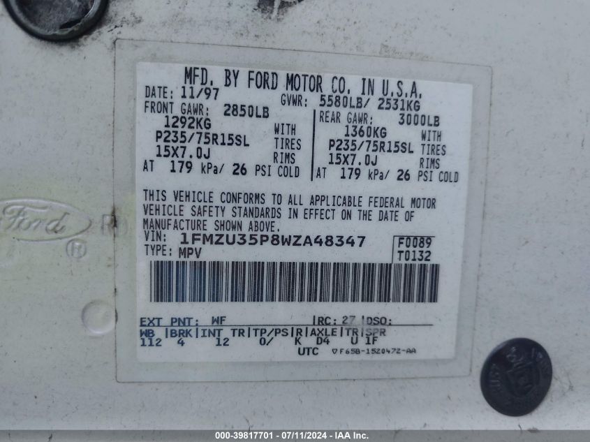 1998 Ford Explorer Eddie Bauer/Limited/Xlt VIN: 1FMZU35P8WZA48347 Lot: 39817701