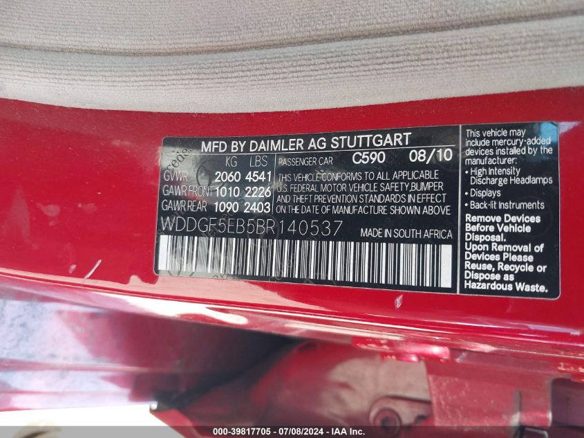 2011 Mercedes-Benz C 300 VIN: WDDGF5EB5BR140537 Lot: 39817705