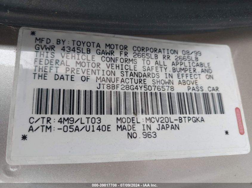 2000 Lexus Es 300 VIN: JT8BF28G4Y5076578 Lot: 39817708