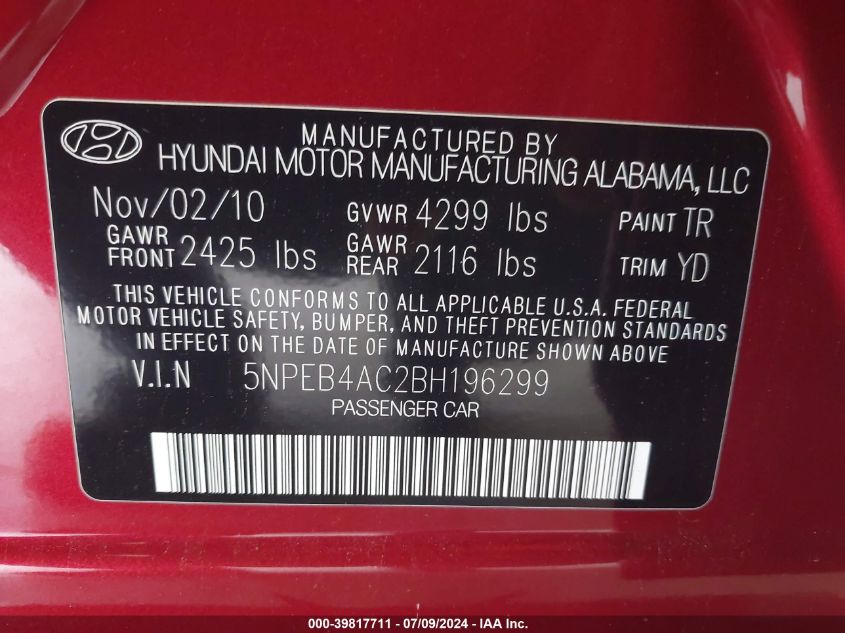 2011 Hyundai Sonata Gls VIN: 5NPEB4AC2BH196299 Lot: 39817711