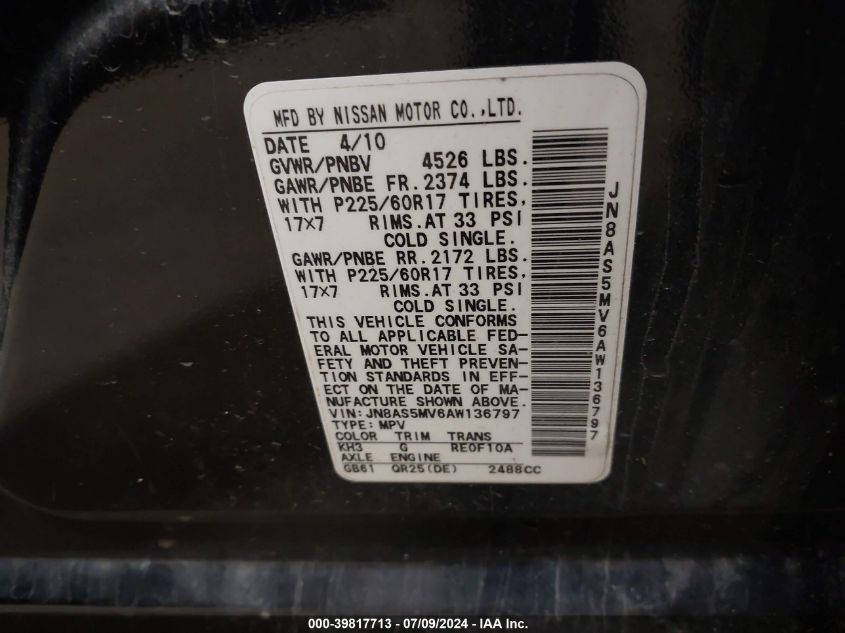 2010 Nissan Rogue Sl VIN: JN8AS5MV6AW136797 Lot: 39817713