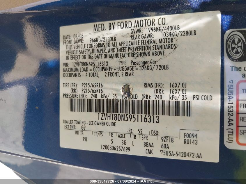 2009 Ford Mustang VIN: 1ZVHT80N595116313 Lot: 39817726