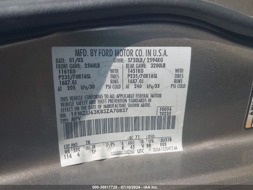 2003 Ford Explorer Nbx/Xlt VIN: 1FMZU63K83ZA70837 Lot: 39817728