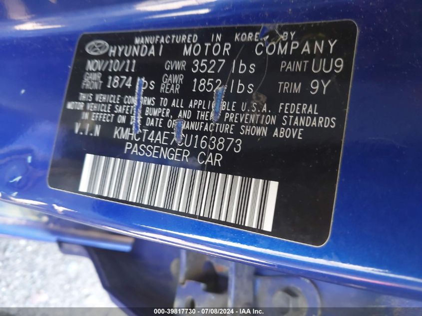 2012 Hyundai Accent Gls VIN: KMHCT4AE7CU163873 Lot: 39817730