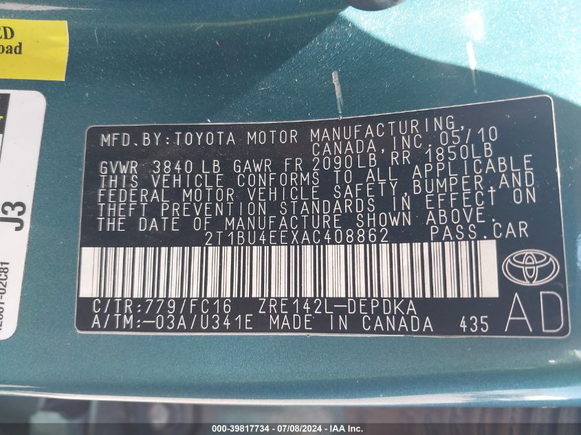 2010 Toyota Corolla Le VIN: 2T1BU4EEXAC408862 Lot: 39817734