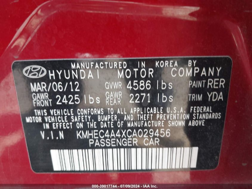2012 Hyundai Sonata Hybrid VIN: KMHEC4A4XCA029456 Lot: 39817744