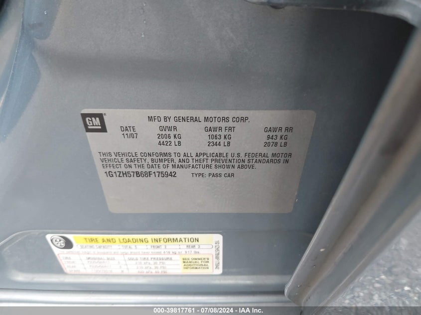 2008 Chevrolet Malibu Lt VIN: 1G1ZH57B68F175942 Lot: 39817761