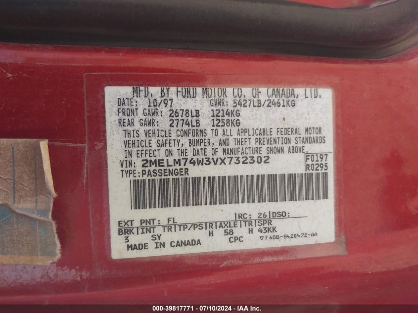 1997 Mercury Grand Marquis Gs VIN: 2MELM74W3VX732302 Lot: 39817771