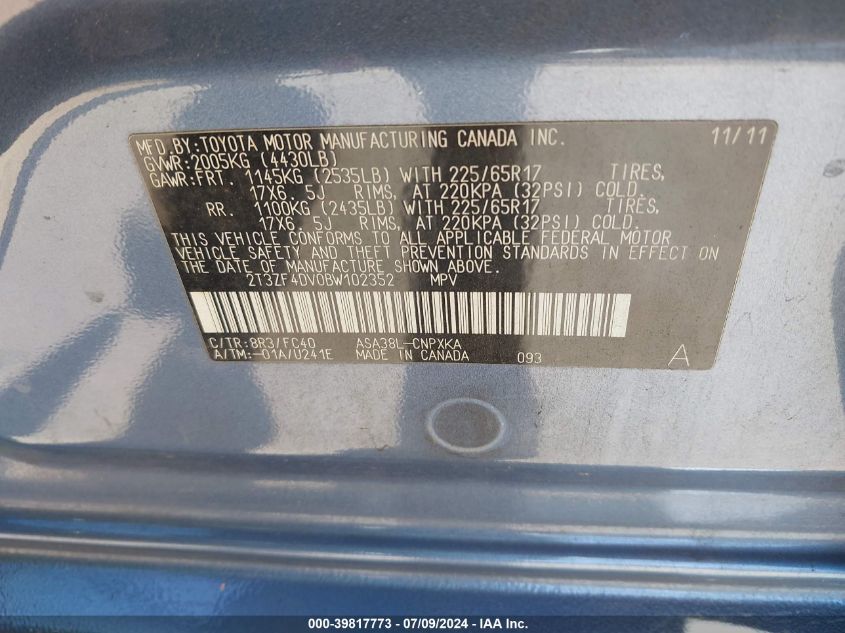 2011 Toyota Rav4 VIN: 2T3ZF4DV0BW102352 Lot: 39817773