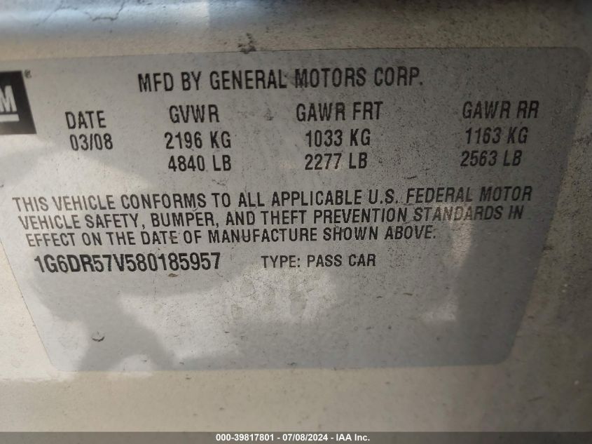 2008 Cadillac Cts Standard VIN: 1G6DR57V580185957 Lot: 39817801