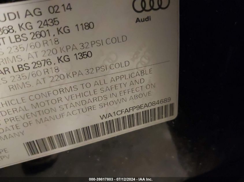 2014 Audi Q5 2.0T Premium VIN: WA1CFAFP9EA084689 Lot: 39817803