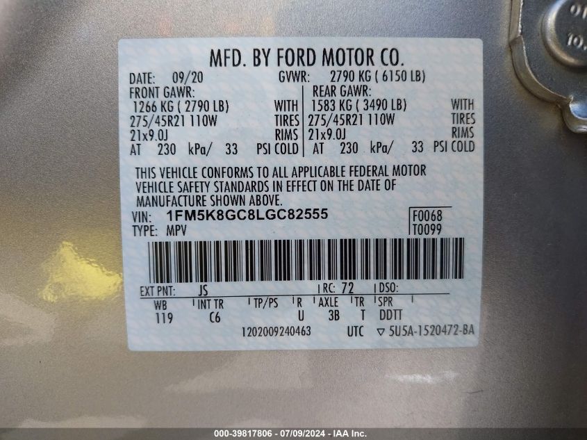 2020 Ford Explorer St VIN: 1FM5K8GC8LGC82555 Lot: 39817806