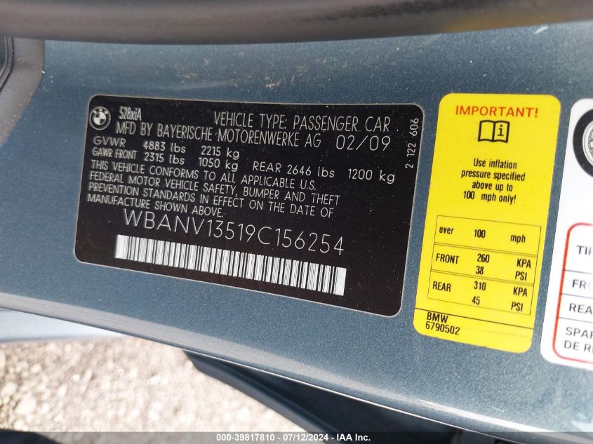 2009 BMW 528I xDrive VIN: WBANV13519C156254 Lot: 39817810