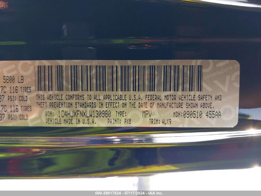 2020 Jeep Wrangler Unlimited Rubicon 4X4 VIN: 1C4HJXFNXLW130980 Lot: 39817824