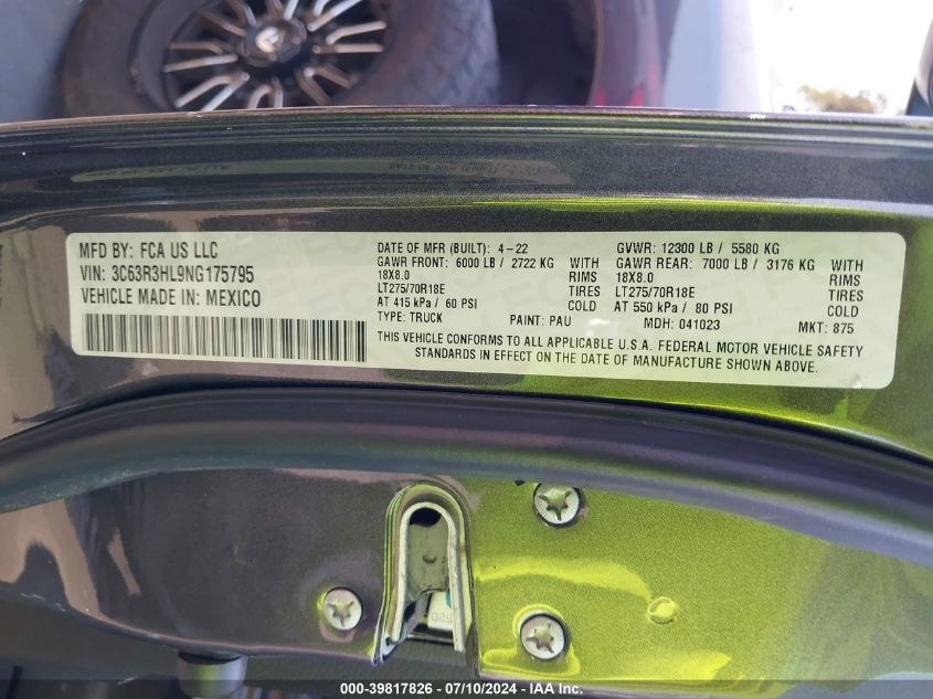 2022 Ram 3500 Big Horn 4X4 8' Box VIN: 3C63R3HL9NG175795 Lot: 39817826