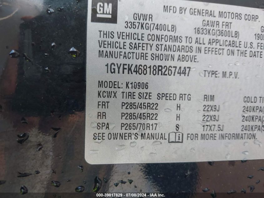 2008 Cadillac Escalade Esv Standard VIN: 1GYFK46818R267447 Lot: 39817829