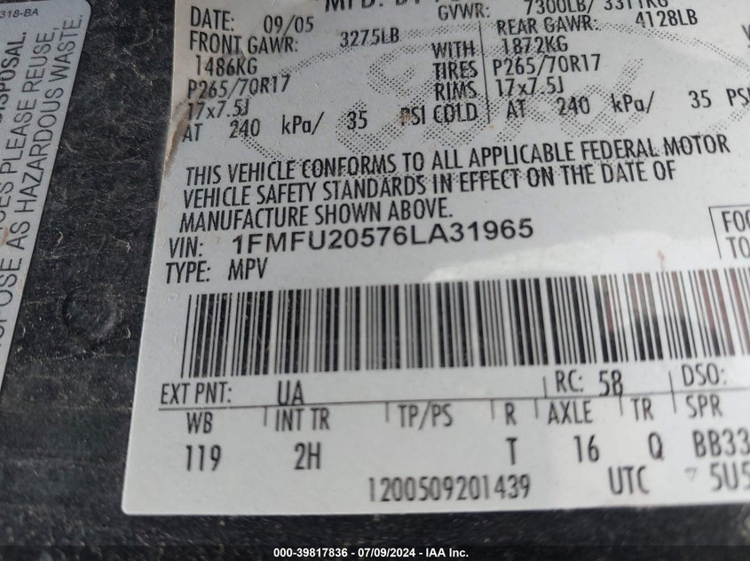 2006 Ford Expedition Limited VIN: 1FMFU20576LA31965 Lot: 39817836